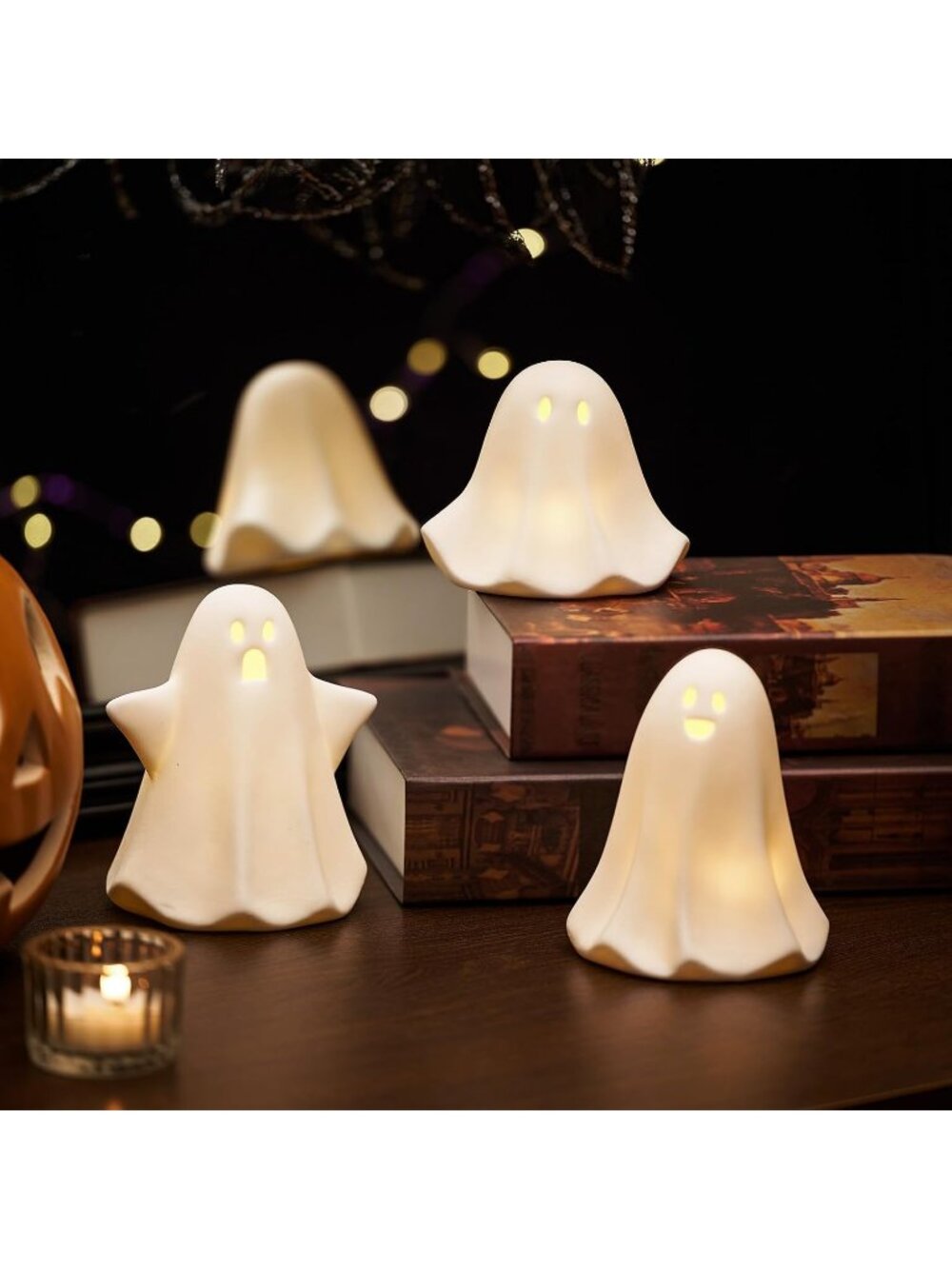 3PCS LED Ceramic Light Up Ghost Figurines 5" Halloween Table Tray Shelf Decor